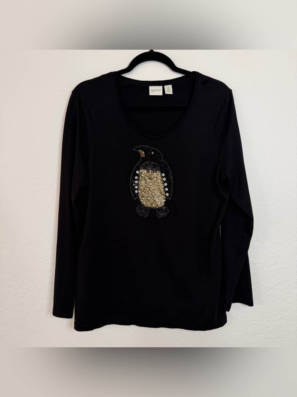 Zenergy Chico’s Black Long Sleeve Shirt Beaded Sequin Rhinestone Penguin Large 2